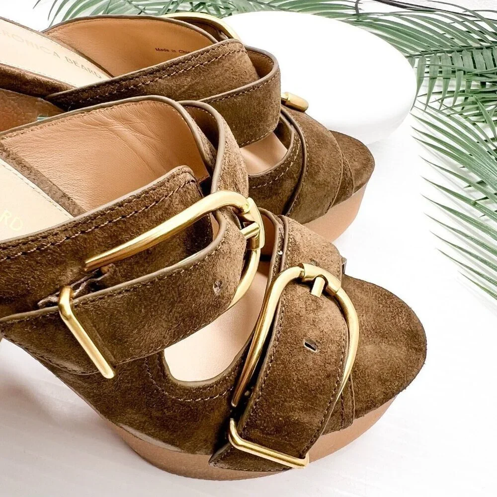 Veronica Beard Garrick Brown Suede Dual Buckle Platform Sandals Size 6.5M NWB